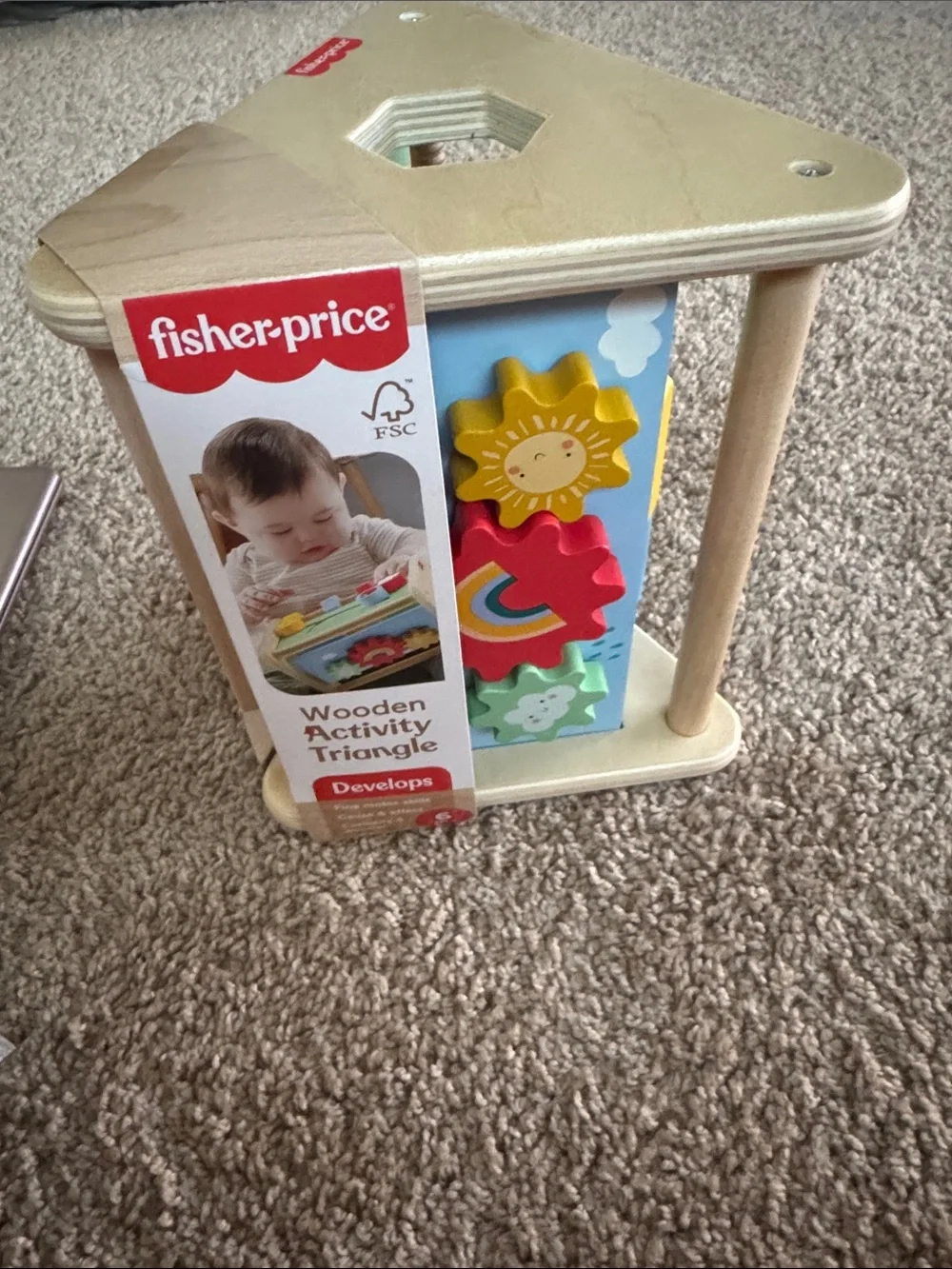 Fisher-Price Wooden Activity Triangle - Colorful Sun, Red Gear & Green Gear